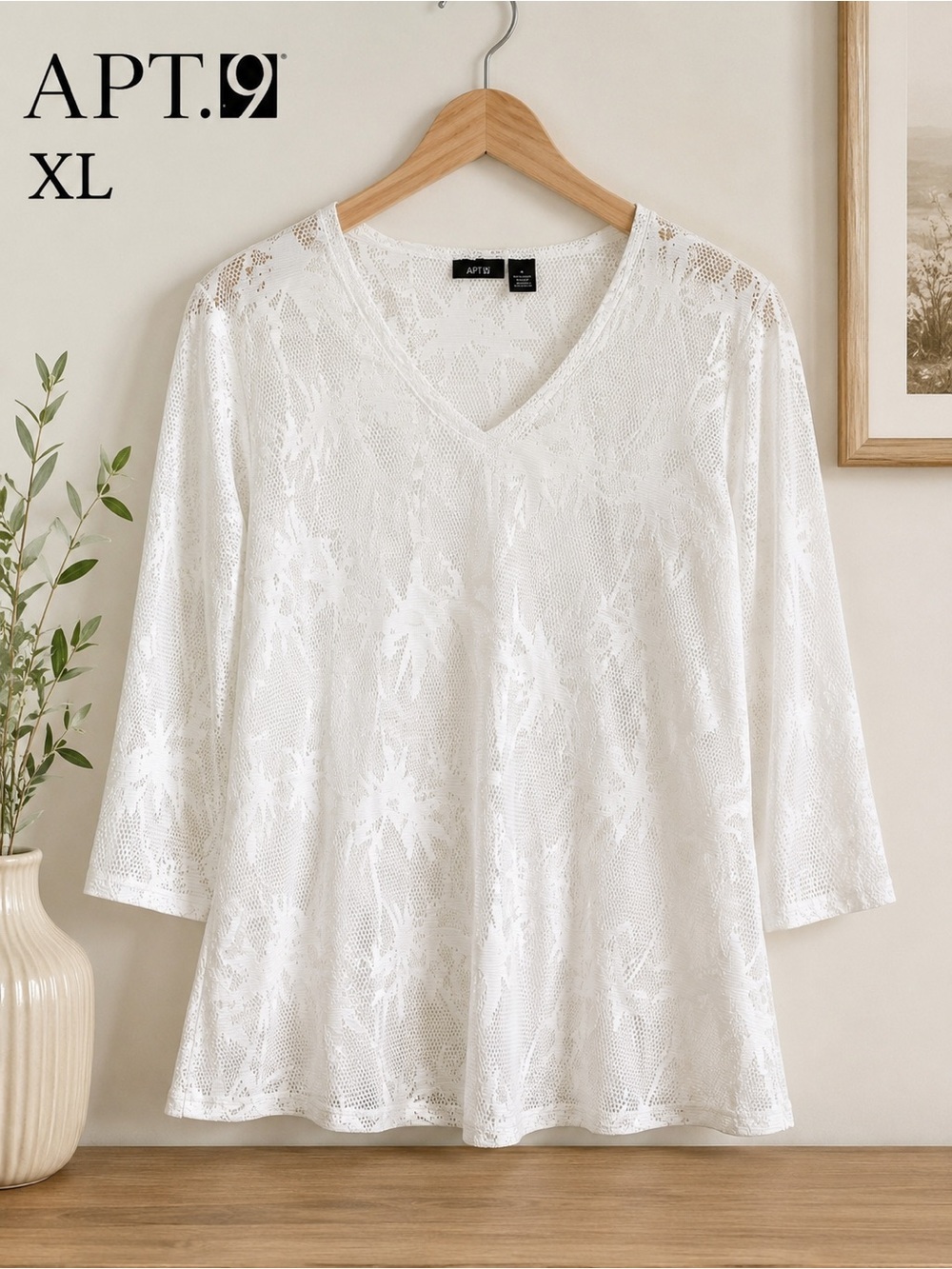 UAPT. 9 White Lace Mesh Swim Cover Up XL Beach Tunic V-Neck Palm Print Sheer